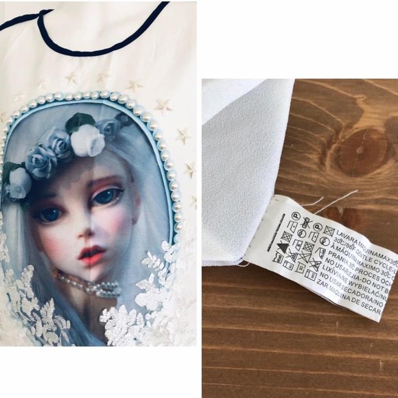 Harajuku Chiffon Blouse Top Dollfie Face Anime T-shirt with Faux Pearl Beads - Picture 3 of 4
